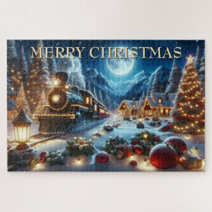 Puzzle Tren de Navidad llegando a un pueblo nevado