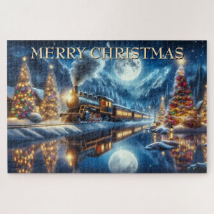 Puzzle Tren de Navidad Reflejado en Lago a la Luz de la L