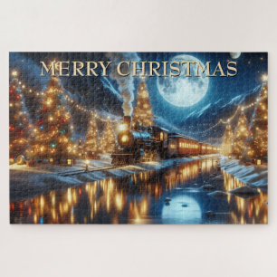 Puzzle Tren de Navidad Reflejado en Pueblo Ribereño Nevad