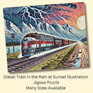 Puzzle Tren diesel en lluvia en el Ilustracion Sunset
