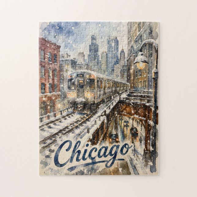 Puzzle Tren El de Chicago en la Nieve Invernal (Vertical)