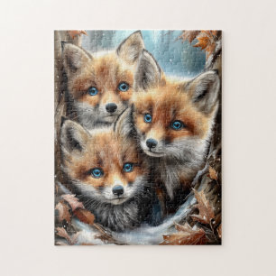 Puzzle Tres adorables cachorros de zorro en el bosque