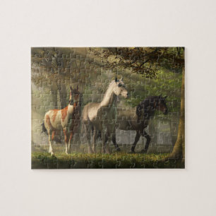 Puzzle Tres caballos salvajes en el bosque