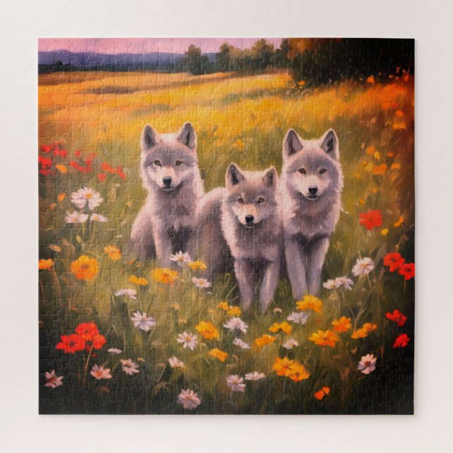 Puzzle Tres cachorros de lobo gris (Vertical)