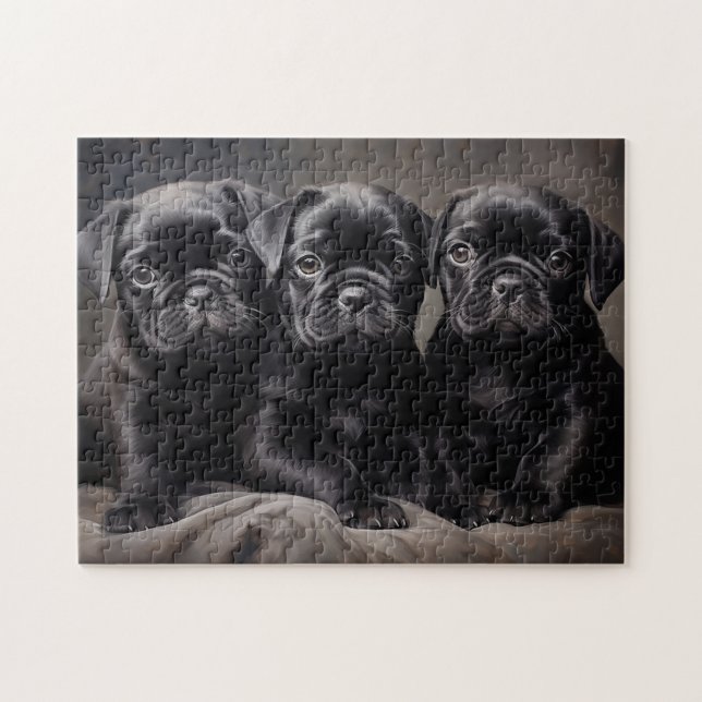 Puzzle Tres cachorros negros de Pug (Horizontal)