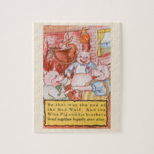 Puzzle Tres cerditos cocinando lobo, cuento de hadas vint