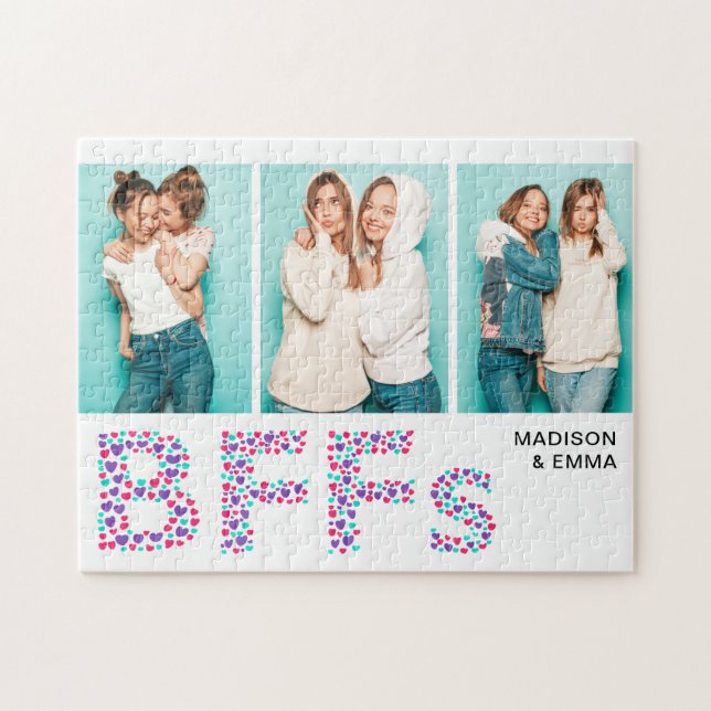 Puzzle Tres fotos de BFFs Nombre personalizado Girly Hear (Horizontal)