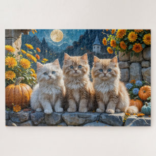 Puzzle Tres gatitos esponjosos de otoño con calabazas y M
