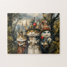Puzzle Tres gatos en bosque de fantasía steampunk