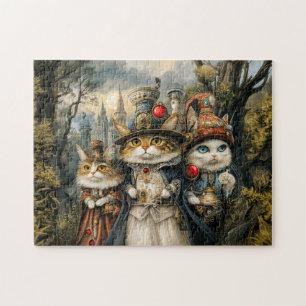 Puzzle Tres gatos en bosque de fantasía steampunk