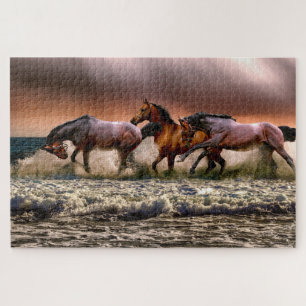 Puzzle Tres hermosos caballos marrones pintados en el océ