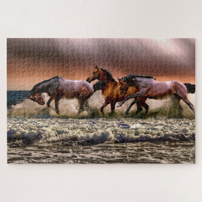 Puzzle Tres hermosos caballos marrones pintados en el océ (Horizontal)