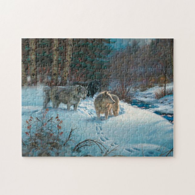 Puzzle tres lobos en el bosque de invierno (Horizontal)