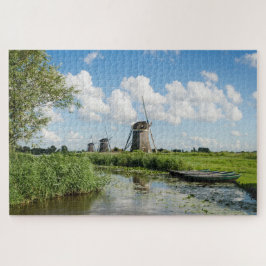 Puzzle Tres molinos de viento y un canal con barcos en Ho