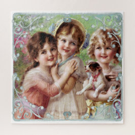 Puzzle Tres niñas pequeñas y una imagen de perro