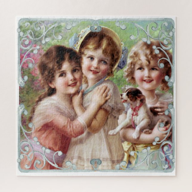 Puzzle Tres niñas pequeñas y una imagen de perro (Vertical)