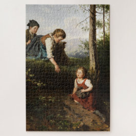 Puzzle Tres niños recogiendo cerezas silvestres en el bos