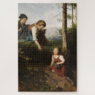 Puzzle Tres niños recogiendo cerezas silvestres en el bos