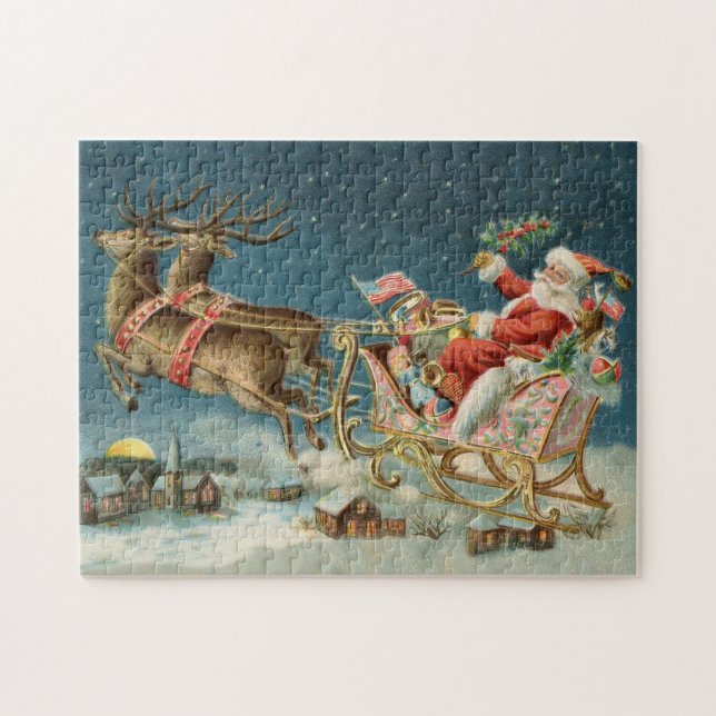 Puzzle Trineo Antiguo de Navidad de Papá Noel Reno (Horizontal)