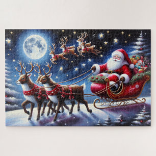 Puzzle Trineo de Santa con renos en la noche de Navidad