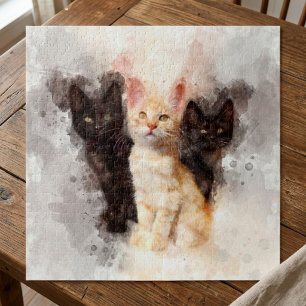 Puzzle Trío de acuarelas de adorables gatitos negros y na