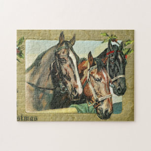 Puzzle Trío de caballos de Navidad vintage con bayas de a