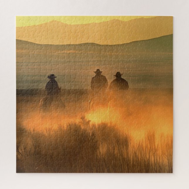 Puzzle Trío de Vaqueros: Gallop de fondo montañoso. (Vertical)