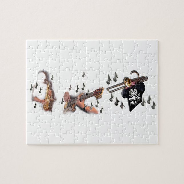 Puzzle Trio, músicos, guitarra abstracta, trombona, sax, (Horizontal)