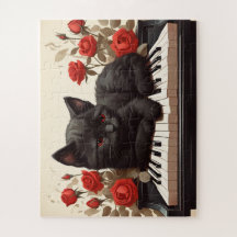 Triste gato negro en el piano