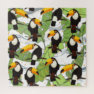 Puzzle Tropical Toucan, palmas verdes, patrón vintage.