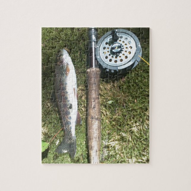 Puzzle trucha arco iris y carrete de pesca con mosca (Vertical)