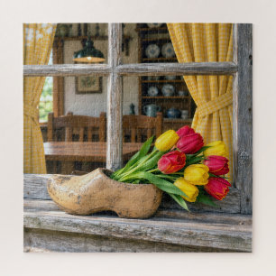 Puzzle Tulipanes de primavera en un zapato de madera hola