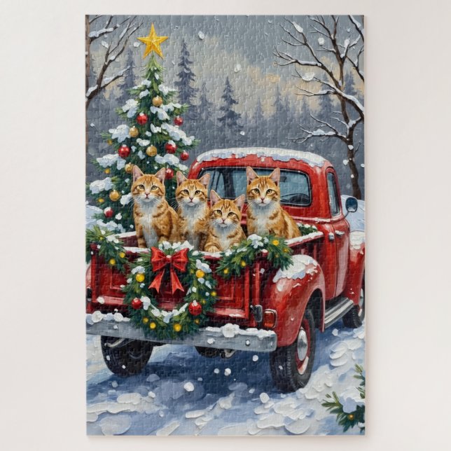 Puzzle Turkish Angora Cat Christmas Red Truck Holiday (Vertical)