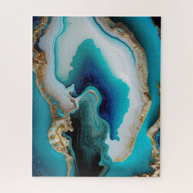 Puzzle Turquoise Aqua Blue Gold Gemstone Acrylon Pour Art (Vertical)
