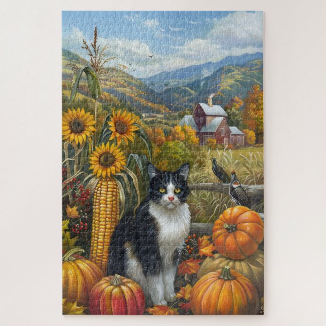 Puzzle Tuxedo Cat otoño cosecha Acción de Gracias (Vertical)