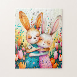 Puzzle Two Easter Bunnies in Tulip Field
