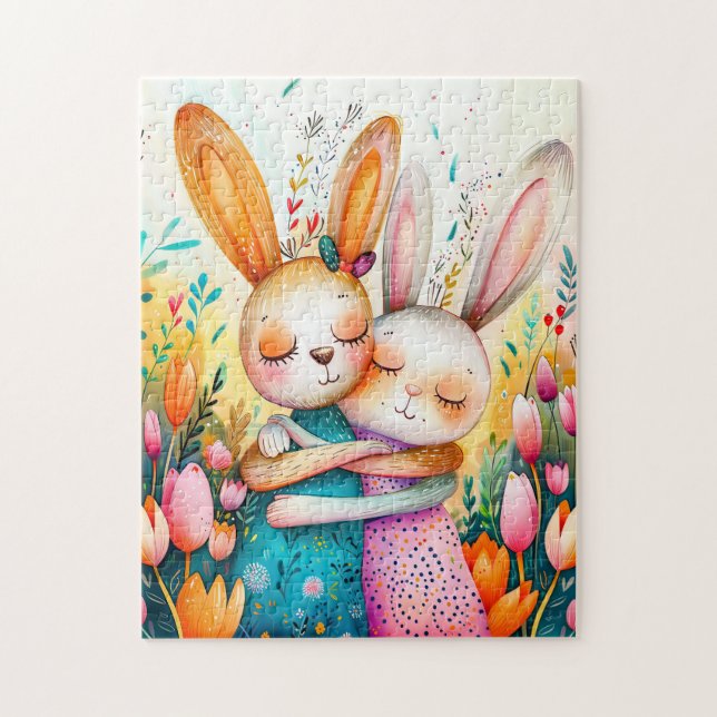 Puzzle Two Easter Bunnies in Tulip Field (Vertical)