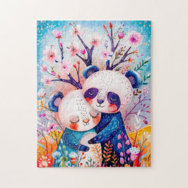 Puzzle Two Pandas Hugging in Bamboo Forest