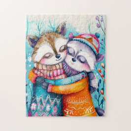 Puzzle Two Raccoons Hugging in Winter