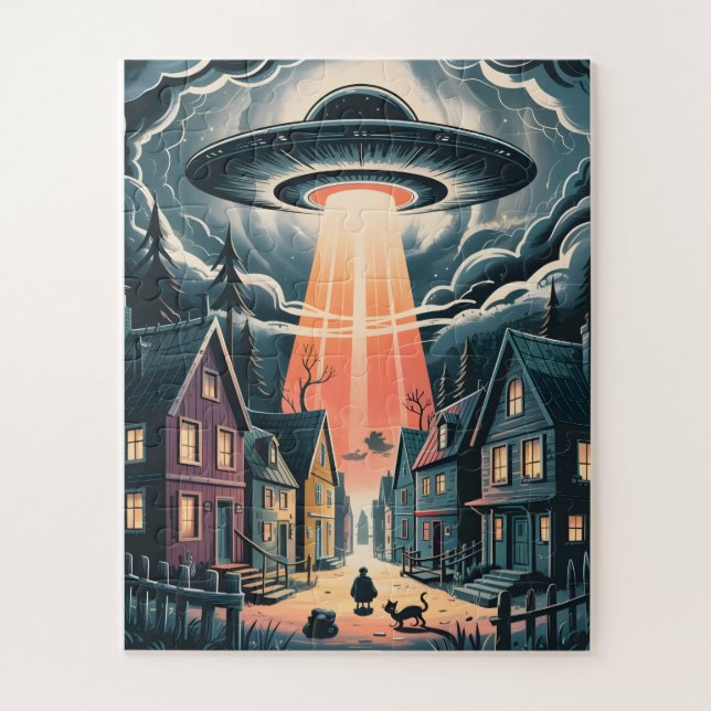 Puzzle UFO Abduction Night Street Illustration (Vertical)