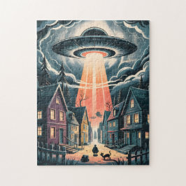 Puzzle UFO Abduction Night Street Illustration