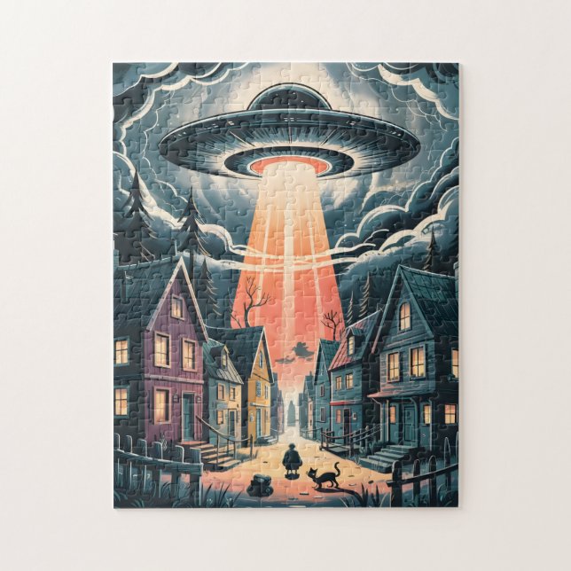 Puzzle UFO Abduction Night Street Illustration (Vertical)