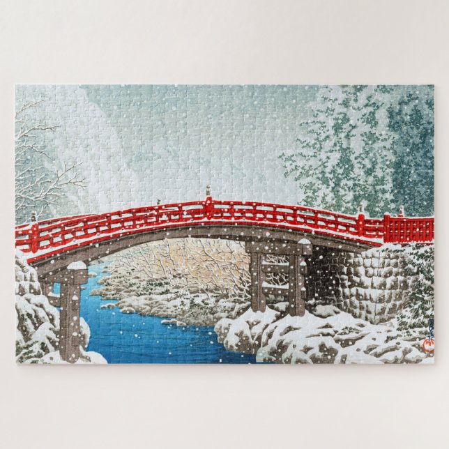Puzzle ukiyoe - hasui - m12 - Nieve en el puente Shinkyo, (Horizontal)