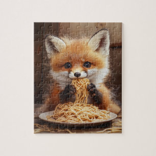 Puzzle Un adorable bebé zorro rojo comiendo espaguetis
