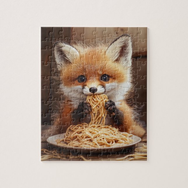 Puzzle Un adorable bebé zorro rojo comiendo espaguetis (Vertical)