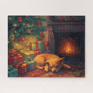 Puzzle Un adorable cachorro durmiendo junto a una chimene