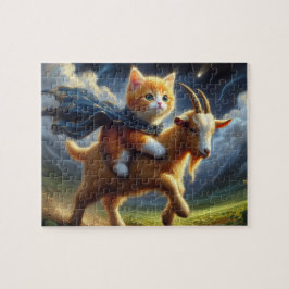 Puzzle Un adorable ginger gitten montando una cabra