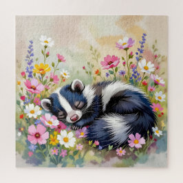Puzzle Un adorable zorrillo durmiendo en flores