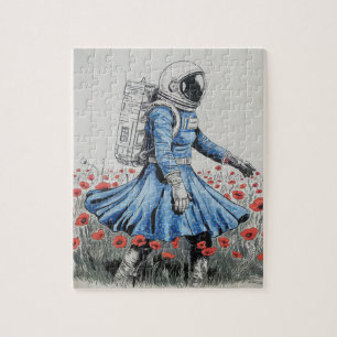 Puzzle un astronauta con un vestido azul caminando entre