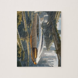 Puzzle Un auto volador en la ciudad del futuro.